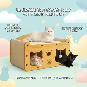 Cat Scratcher House for Indoor Cats, Sturdy MDF Frame 2-in-1 Cat Furniture Lounge Bed & Scratching Post, Large Cardboard Cat Hideaway with Catnip Included (22.05inch Length Double Doors)