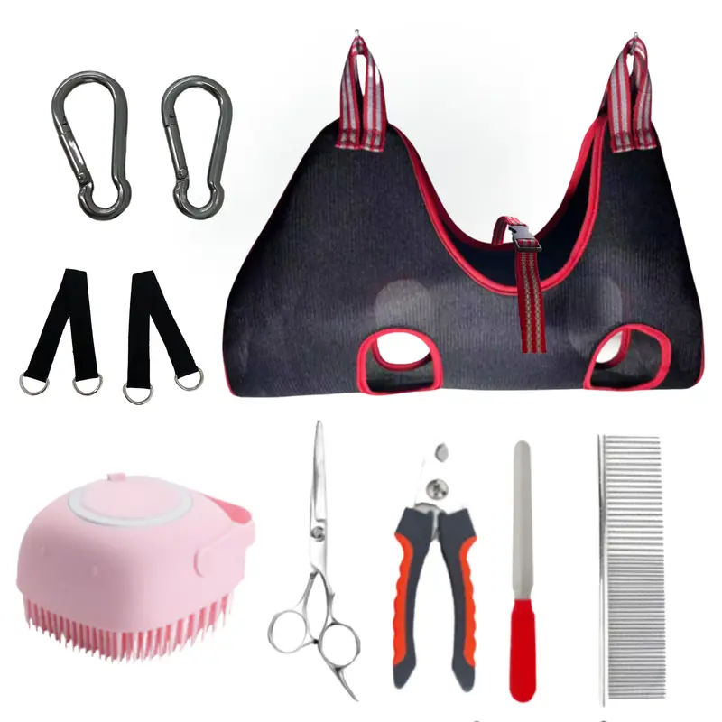 Anchor 10 in 1 Pet Grooming Hammock Harness with Nail Clippers, Grooming Scissors, Dog Bath Brush & Sling Helper for Nail Trimming