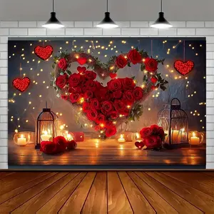 1pc Romantic Rose Backdrop - Heart String Lights Scene Photo Prop Room Wall Decoration for Valentine Party Bedroom Dorm Birthday Cake Table
