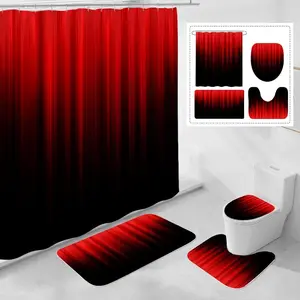 4 Pcs Red and Black Gradient Shower Curtain Set with Rugs and Toilet Lid Cover, Modern Simple Waterproof Fabric Bathroom Set, Ombre Stripe Gothic Abstract Bathroom Decor Set Accessories