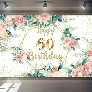 Elegant 60th Birthday Backdrop (1PC) - Pink Roses & Golden Glitter Hexagon Floral Design, Durable Vinyl, Two Sizes, Easy Setup Festive Decor for Wall Signs & Celebratory Party Backgrounds Banners Ornaments Flower