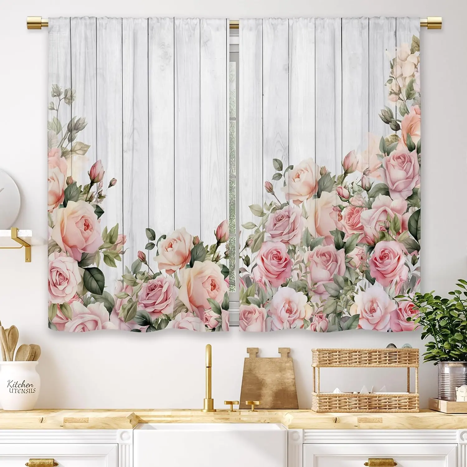 2-Panel Pink Rose Colored Curtains for Windows - Rod Pocket Tier Drapes, 27.5x39 in Vintage Farmhouse Rustic Short Light Filter Romantic Art Style Drapes for Kitchen & Bathroom Wooden Windows, Home Decor, Curtain For Windows, Flowers