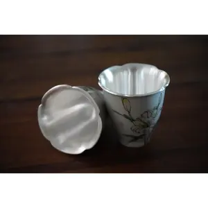 Watercolor Floral Pure Silver Cup, Fine Silver Teacup, Traditional Miao Collectible Luxury Drinkware, Blossom Design, Gift, Traditional Miao Silver