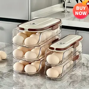 Automatic Egg Rolling & Refill Storage Box, Double Row 3-Layer Egg Rack Tray, Anti-Collision Structure Prevent Egg Breakage, Expandable Space-Saving Fridge Organizer for Household Kitchen