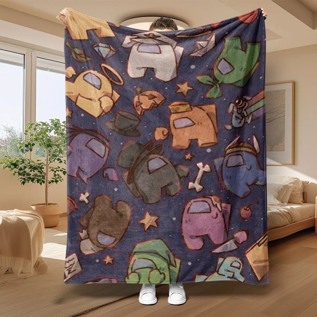 Among Us Themed Full Print Fleece Blanket, Soft and Warm Throw for Bedroom and Travel, Perfect Gift for All Seasons, Cartoon Print Blanket