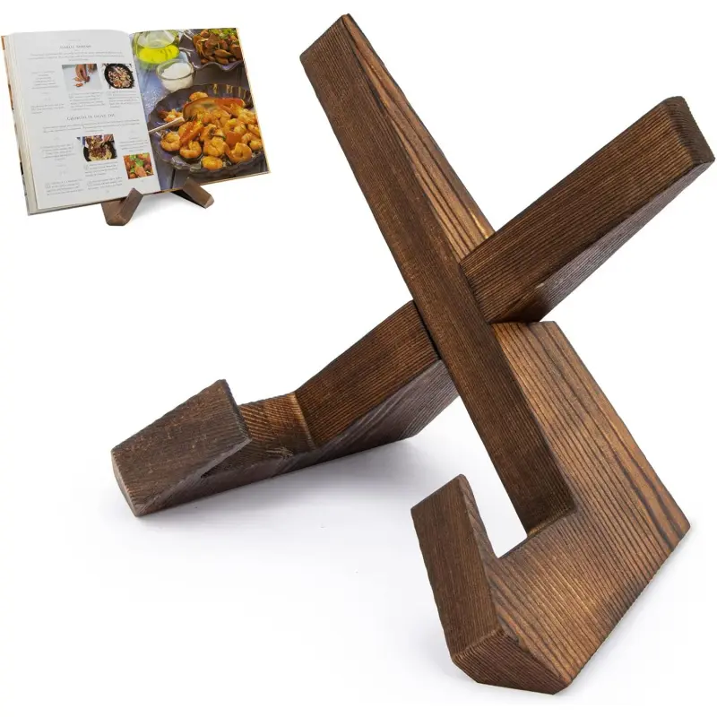 Cookbook Stand for Kitchen, Recipe Book Holder for Kitchen Counter, Wooden Cookbook Holder, Rustic Cook Book Holder Stand - Rustic Brown