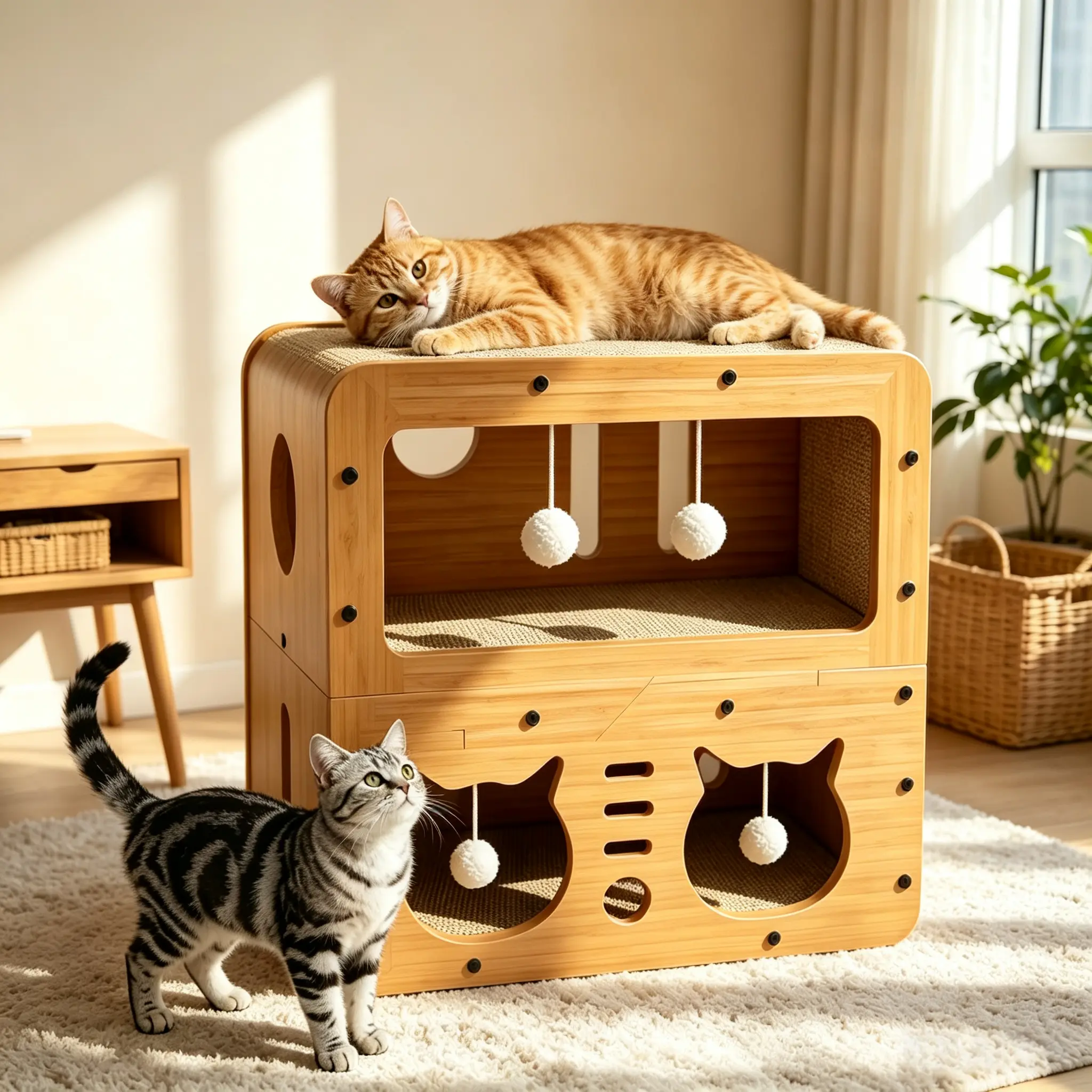 2 in 1 Cat Bed with Scratching Board Pet Furniture for Indoor Cats Suitable for multiple cats Durable Double Layer Design Cat Bed Stylish and Comfortable Cat Furniture for All Seasons Wooden cat bed SummerVibes petlovers