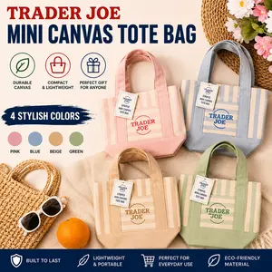 Trader Joe Striped Canvas Tote Bag, Cute Versatile Reusable Canvas Handbag with Striped Pattern, Lightweight Portable Shopping Bag for Daily Use, 4 Pastel Color Options