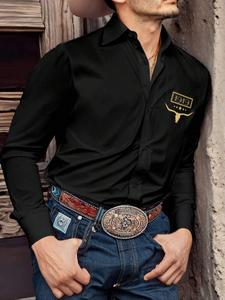 men's regular fit cowboy print long sleeve dress shirt, casual business graphic top for all seasons, shirts for men, men's clothes for daily wear, shirts for men, western clothing, menswear