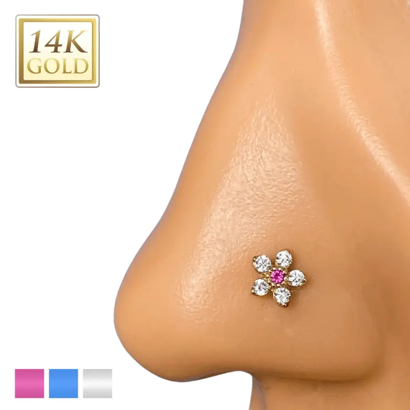 14kt Gold Diamond Flower Nose Stud with Cubic Zirconia Hypoallergenic L-Shape 20 Gauge Handcrafted Jewelry
