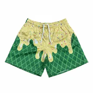 WILEY SAVE BRAND Man's Lemon Mint Cream Printed Breathable High Street Men's Summer Mesh Shorts 100% Polyester Quick Dry Elastic Waist Unique Design for Youth Fashion Menswear