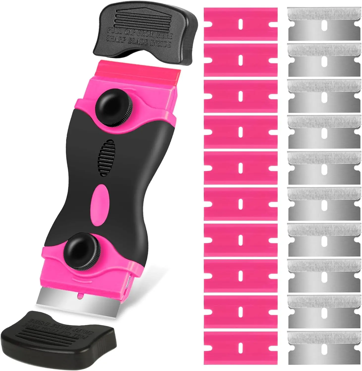 Pink Razor Blade Scraper Tool, Cleaning Razor Scraper for Glass, Glass Top Stove Scraper for Oven Door, Razor Scraper for Oven Door, Razor Scraper Gift for Women, 2-in-1 Scraper Tool Set With 20Pcs Razor Blades for Removing Window Labels
