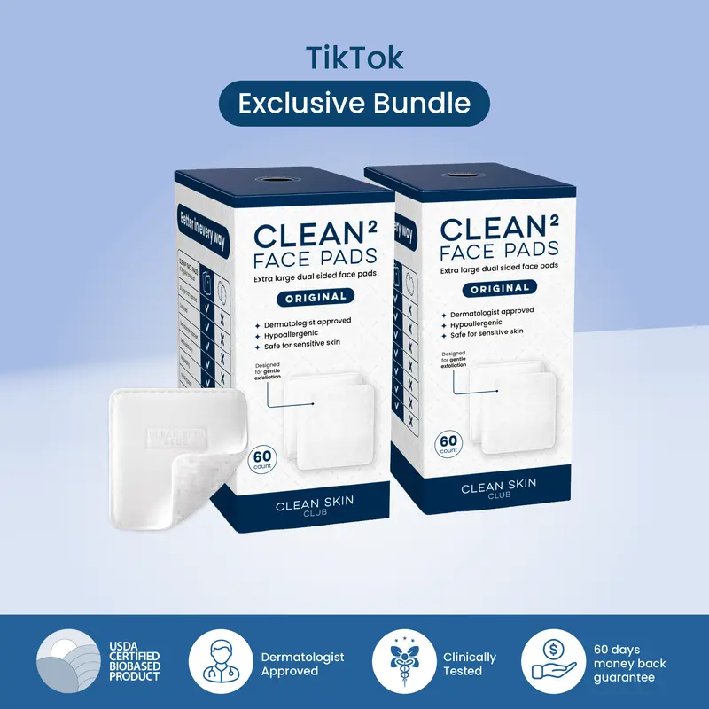 Clean Skin Club Clean² Pads 2.0 [New & Improved Edges] Guaranteed Not to Shed & Tear, Unique Triple Layers, Textured Side & Ultra Soft Side, Organic Disposable Cotton, Pair with Makeup Remover 2 Pack