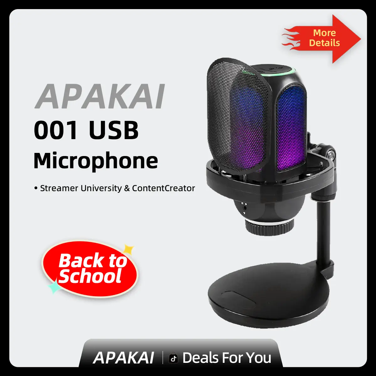 [Back To School]  APAKAI 001 USB Microphone for PC Gaming: Condenser Microphone RGB for Gamer with Stand Mic - Recording Mic for Computer&Laptop, Phone, PS4/PS5 with Quick Mute - Desk Podcast Mic for Podcast & Singing & Streaming & Youtube Black
