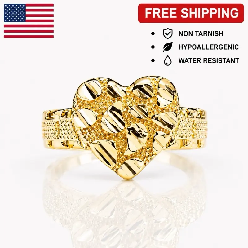HEART NUGGET 18K GOLD PLATED RING NON TARNISH HYPOALLERGENIC FOR MEN AND WOMEN