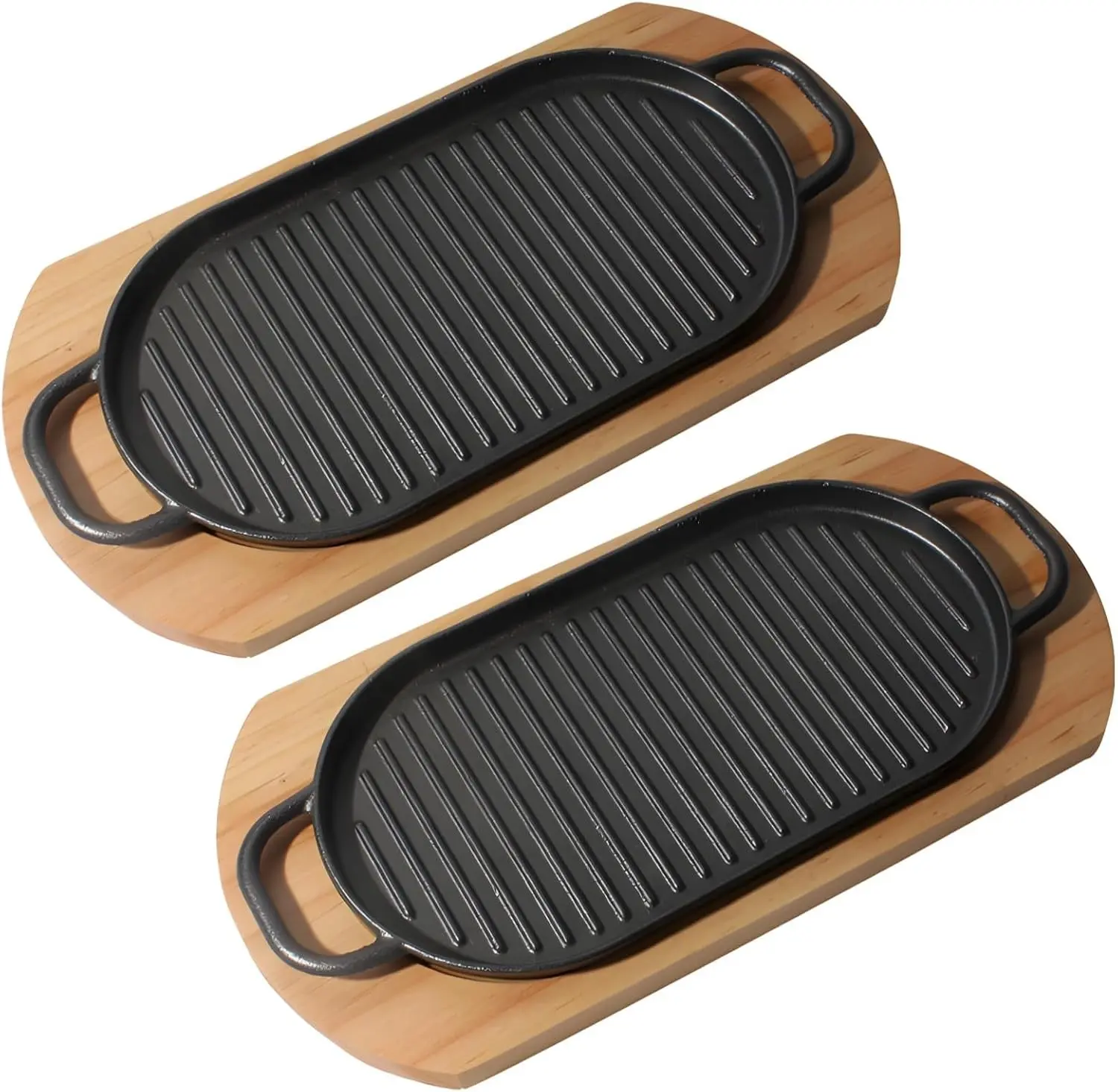 2 Pcs 12 Inch Cast Iron Fajita Skillet Set, Sizzling Plate with Wooden Base & Removable Handle, Ideal for Kitchen Restaurant Use