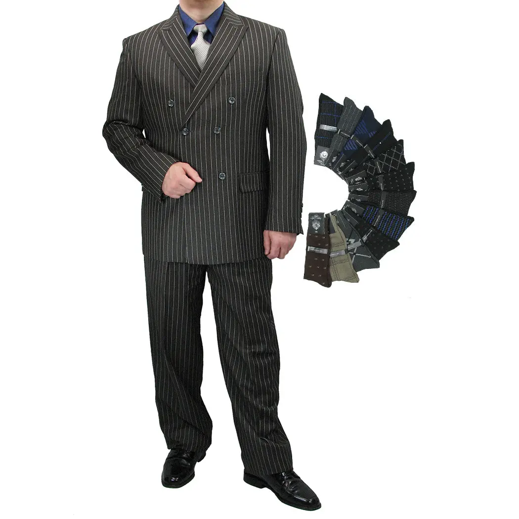 Luxurious Men's Double-Breasted Gangster Stripe Suit Charcoal Gray