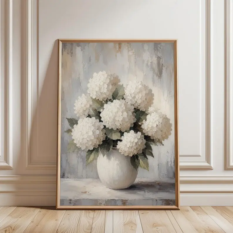 White Hydrangea Wall Art Print, Neutral Floral Vase Painting Farmhouse Decor