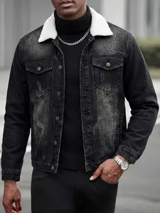 Men's Vintage Lapel Lamb Wool Denim Jacket for Autumn and Winter, Dark Washed and Distressed Biker Jacket, Double Chest Pockets with Metal Button Design, Suitable as a Gift for Husband or Boyfriend