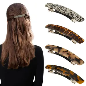 Hair Barrette for Women Acetate Medium to Large 3.5 Inch Not Easy to Break French Tortoise Half Up Elegant Hair Clips, 4 Pack