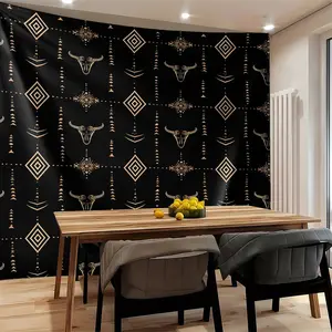 Luxury Western Longhorn Skull Tapestry, Boho Aztec Wall Hanging, Tapestry Wall Mural, Black Gold Cow Skull Tapestries, Wall Blanket, Decoration, Rustic Backdrop Decor for Western Style Home Decor