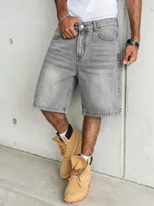 Men's Washed Loose Fit Denim Shorts, Vintage Distressed Hem Patchwork Jeans, Oversized Wide Leg Skateboard Shorts, Y2K Street Style Streetwear, Menswear