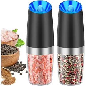 Gravity Electric Salt and Pepper Grinder set of 2, Automatic Salt And Pepper Grinder Set, Adjustable Roughness, Battery Powered, LED Light, 2 Pack, (Black)