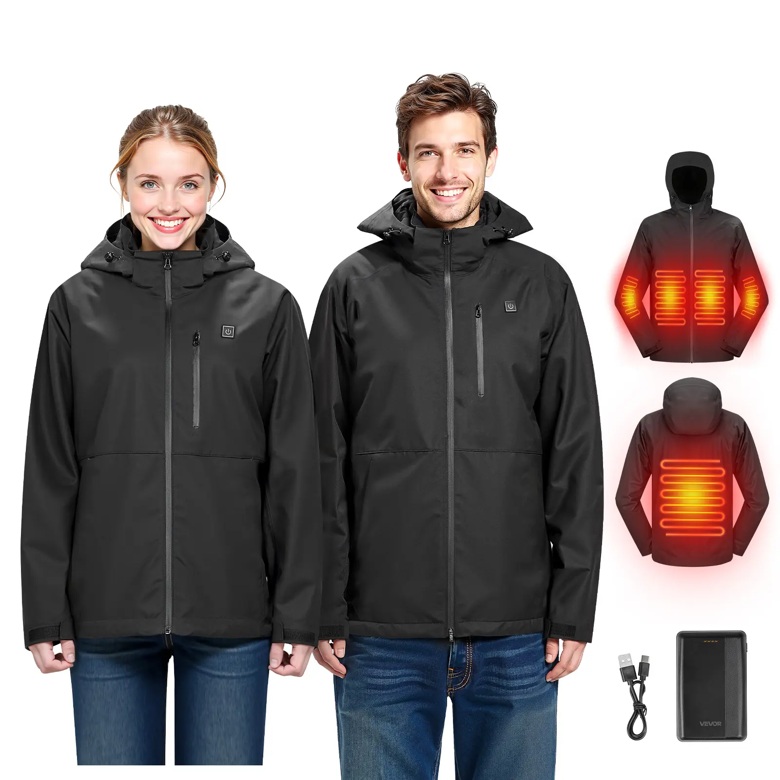 VEVOR Women's Hooded Heated Longsleeve Jacket - 7.4V Battery-Powered Soft Shell Electric Coat for Lady, Family Outfits, Clothes with Waterproof, Windproof, Breathable, Lightweight Fabric, 5 Heating Zones, 3 Heat Settings, Adjustable Fit, Machine Washable