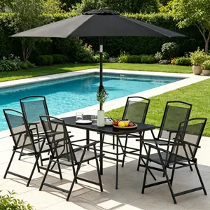 [Bellemave] 8 Piece Outdoor Dining Set,Backyard Furniture Set with 1 Table,6 Folding Chair & 1Umbrella