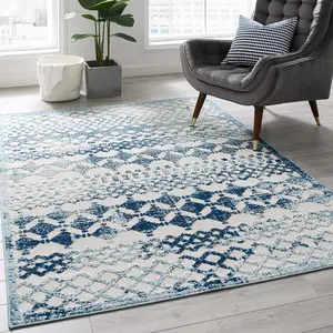 Modway Reflect Giada Abstract Diamond Moroccan Trellis 5x8 Indoor/Outdoor Area Rug in Ivory and Blue