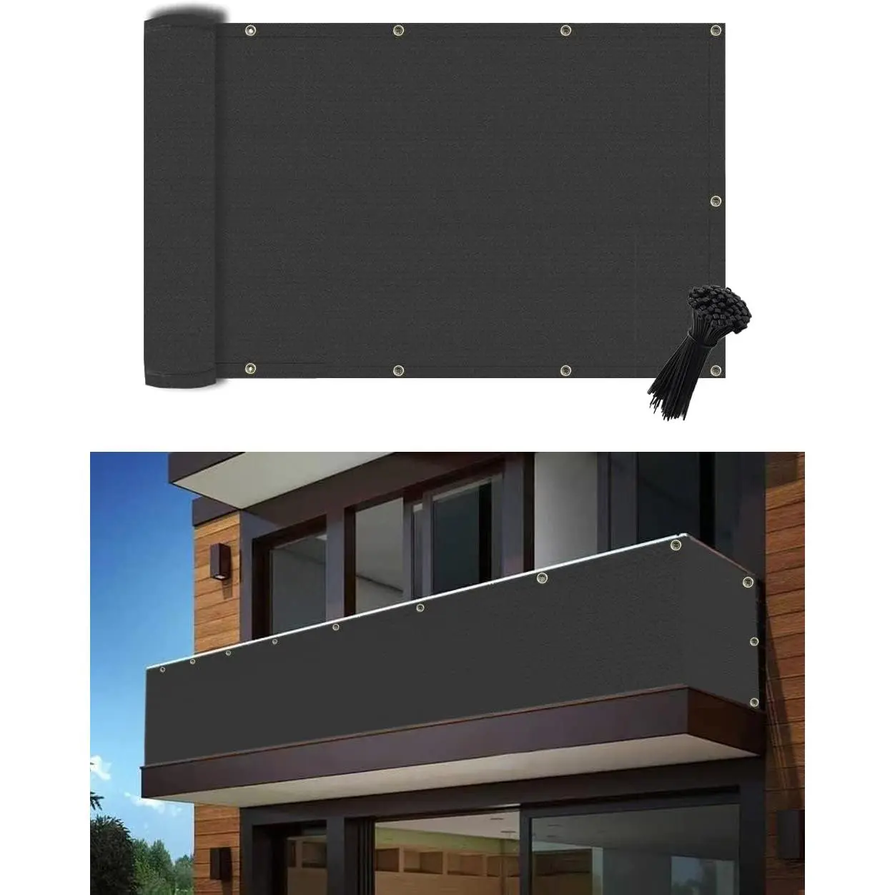 3'x16' Black Balcony  Screen Fence Cover UV Protection Weather Resistant  Shade Cloth for Outdoor Patio Apartment Backyard Porch Deck Railing with Zip Ties