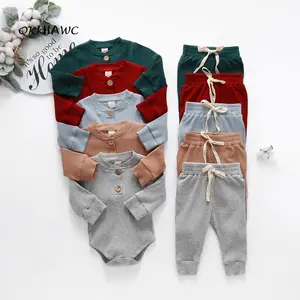 Newborn Pants 2 Pcs Outfits Solid Color Ribbed Long Sleeve Romper with Elastic Waist Trousers for Spring, Fall