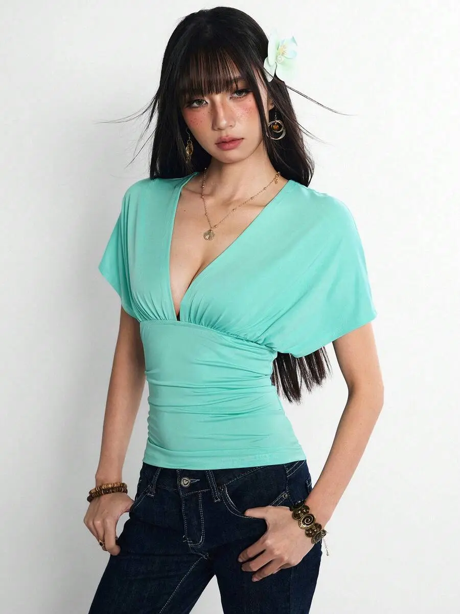 YESS Women's Mint Blue Plunging V-Neck Backless Short Sleeve Fitted Top