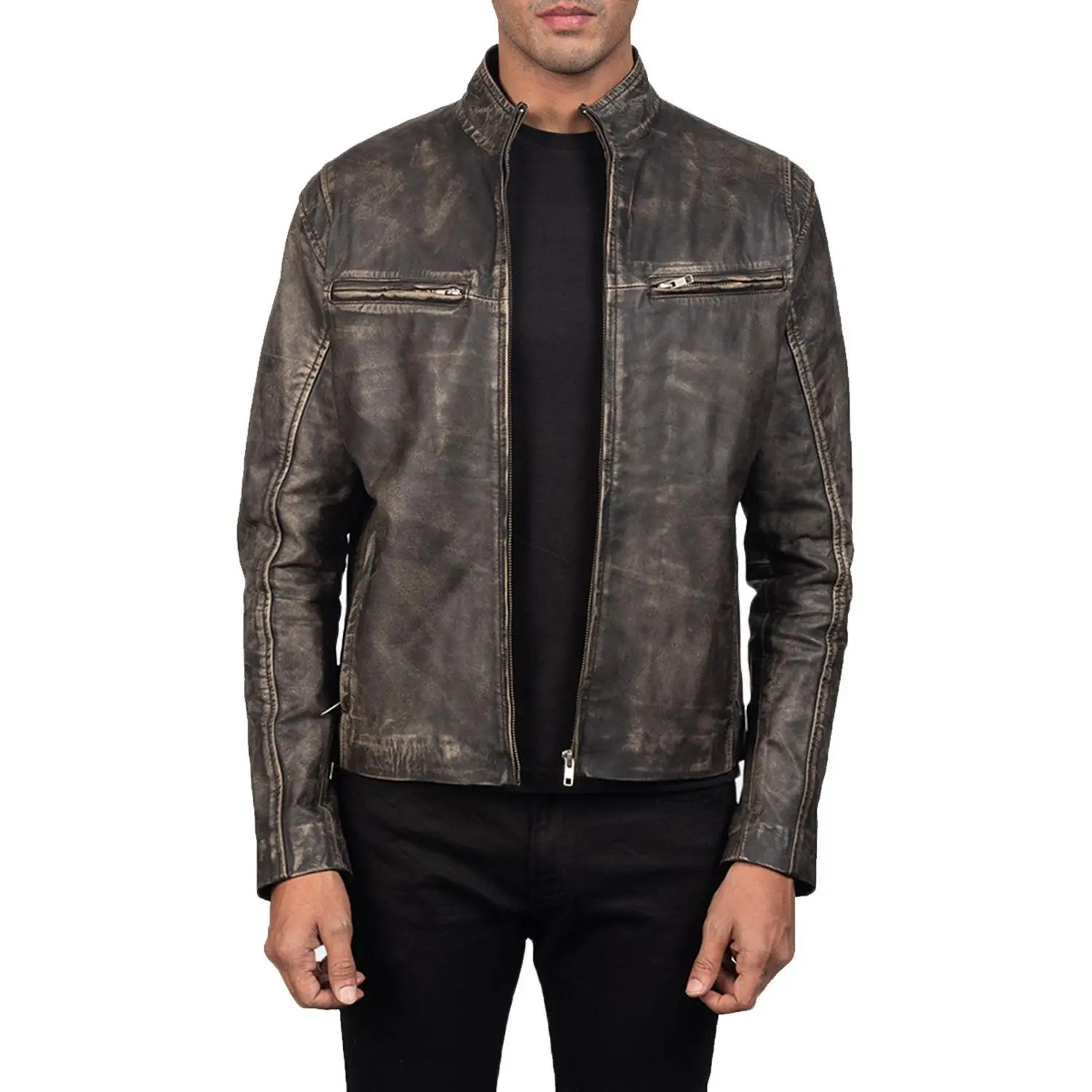 Men's Distressed Brown Biker Genuine Sheepskin Leather Jacket