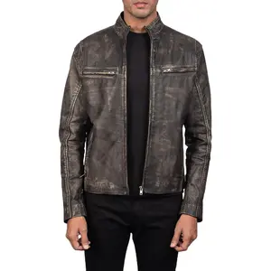 Men's Distressed Brown Biker Genuine Sheepskin Leather Jacket