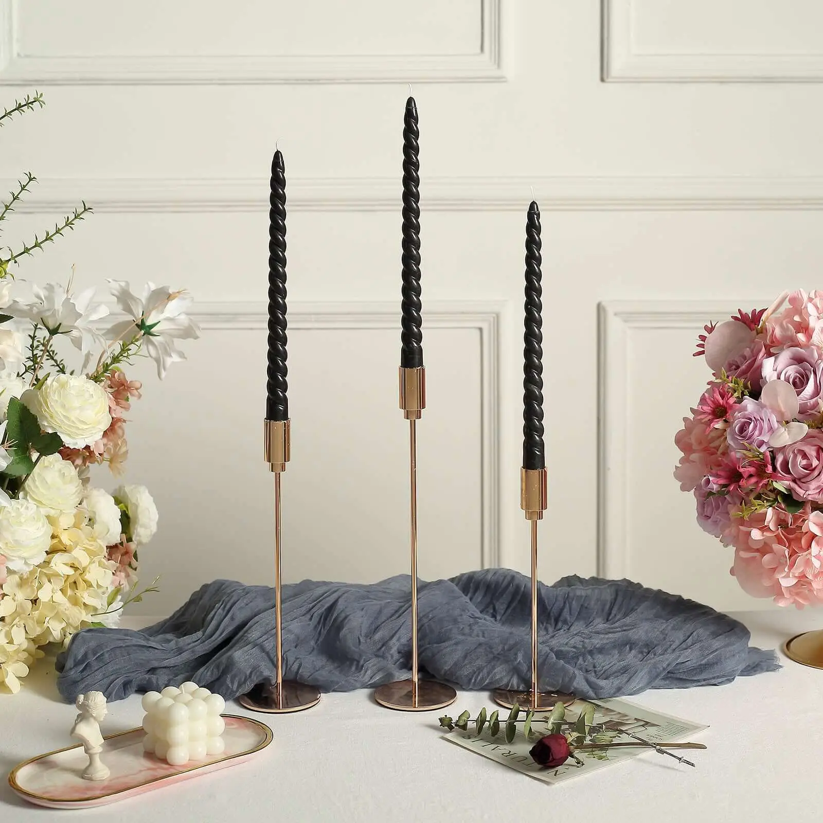 12-Pack Taper Candles 11" Spiral Long Burn Wick Design Black - Premium Unscented Wax Dinner Candle Sticks