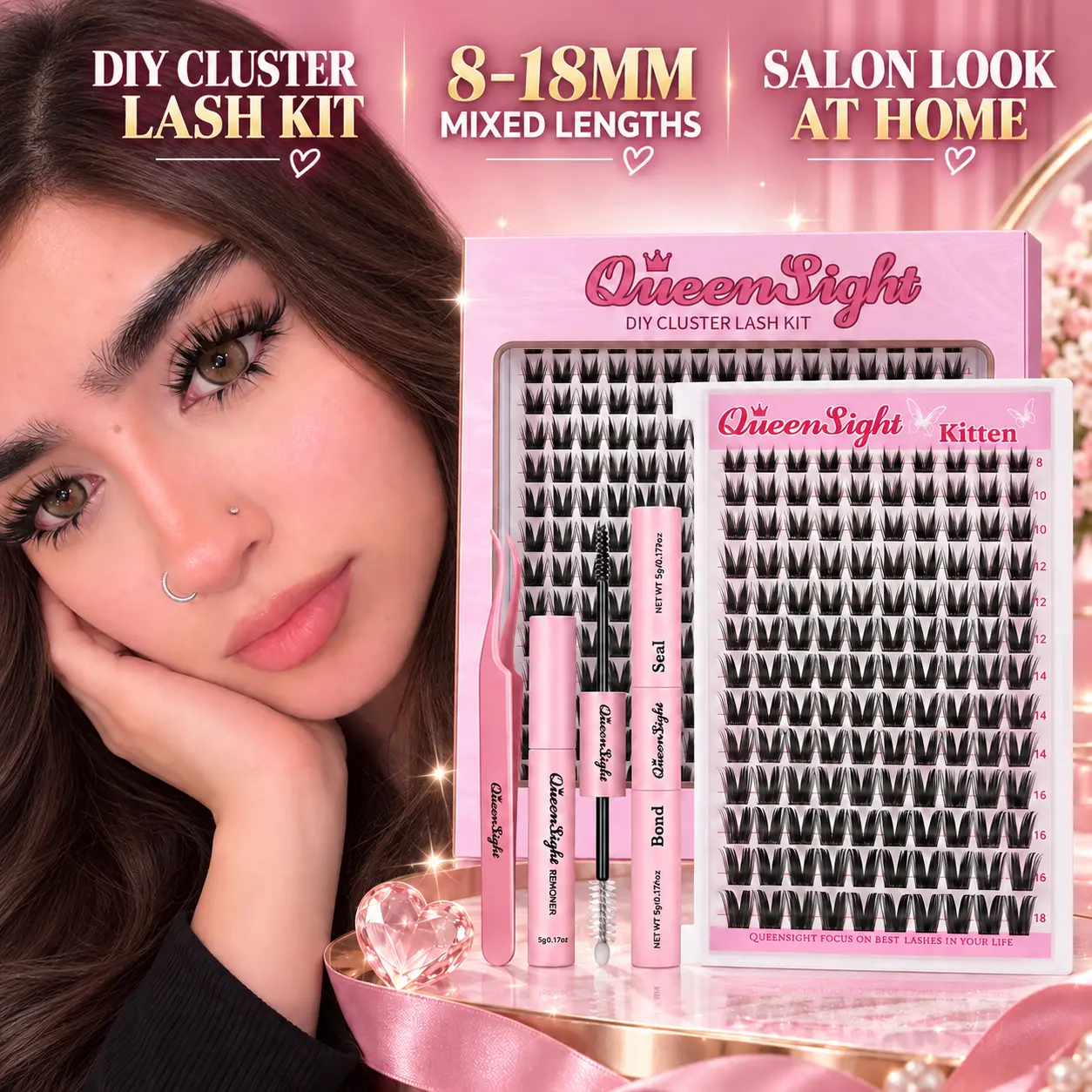 Queensight Kitten Lash Cluster Kit 8-18mm Natural DIY Extensions,Waterproof,Long-lasting, Lash band and Seal,Tweezers and Remover for DIY Eyelash, Home Easily,Lightweight,Beginner Friendly,Soft Glam,Daily Natutal Look