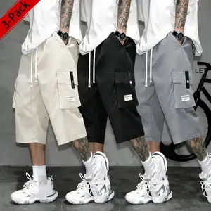 Pack of 3 men’s cargo shorts: solid-color cargo shorts, Capri cargo pants, drawstring elastic waistband, multiple pockets. Suitable for everyday summer wear, featuring side pocket patch appliqué design. Versatile—suitable for various occasions—and comfort