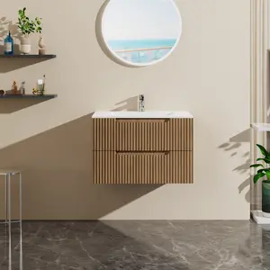 30" Wall Mounted Bathroom Vanity with Sink Floating Bathroom Cabinet Sink Combo, Soft-Close System, 2 Extra Big Drawers, Walnut