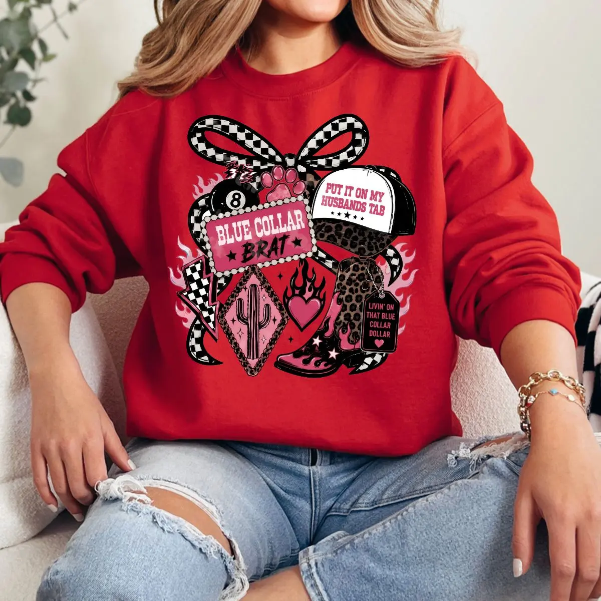 Blue Collar Brat Sweatshirt, Funny Husband's Tab Graphic Crewneck, Pink Cowgirl Western Pullover, Blue Collar Wife Gift, Rodeo Party Outfit, Women's Top, Unisex Long Sleeve Crewneck Shirt