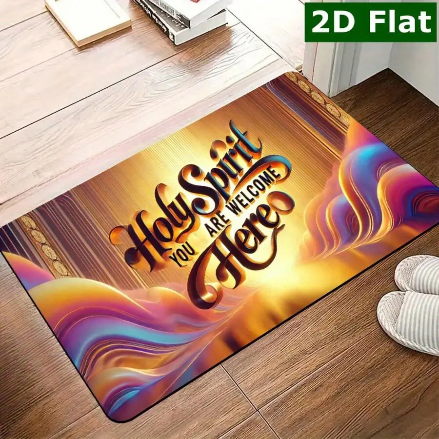1pc Holy Spirit Welcome Here Rectangular Doormat - 100% Polyester Flannel Entrance Rug, Non-Slip Easy-To-Clean Outdoor Home Decor, Hand Wash Only for Porch, Kitchen (1 Mat), One Mat
