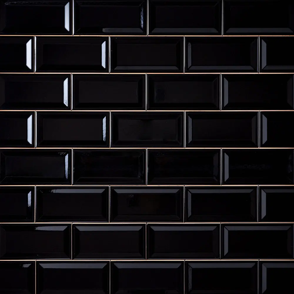 Timeless Jet Black Reversed Beveled 3x6 Ceramic Subway Tile Sample