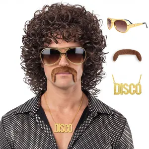 70s Wig for Men Funny Disco Hippie Wigs for Halloween Costume Party Short Brown Culry Wigs with Glasses Mustache Necklace (Brown)2026