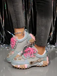 Women's Rhinestone Dad Shoes Summer Breathable Colorblock Thick Sole Height-Boosting Casual Sports Shoes, PU Leather, Rubber Sole