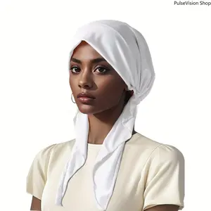 Elegant White Polyester Headscarf Cap Lightweight Long Tail Hijab for Casual Wear Comfortable and Versatile