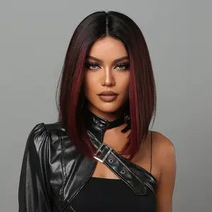 Chic 16inch Red Ombre Bob Wig - Straight Synthetic Hair, Middle Part, Easy-to-Style Perfect for Daily Wear & Special Events