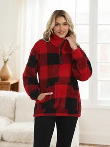 Autumn Winter Fashion Retro Half-Zip Stand Collar Pullover Sweatshirt, Casual Stylish Plaid Fleece Lined Thick Big Pocket Home Wear Top