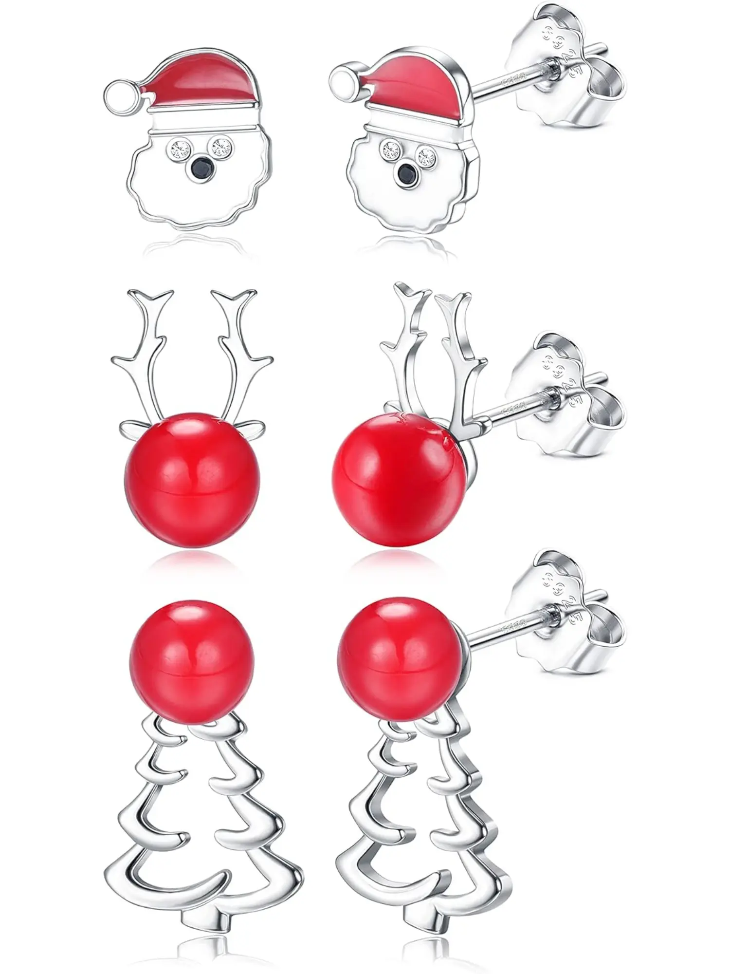 3 Pairs 925 Sterling Silver Christmas Stud Earring for Women Hypoallergenic Snowman Santa Claus Christmas Tree Stud Earring CZ Snowflake Elk Cane Donut Cartilage Earring Jewelry Stud Earrings Jewelry Gift
