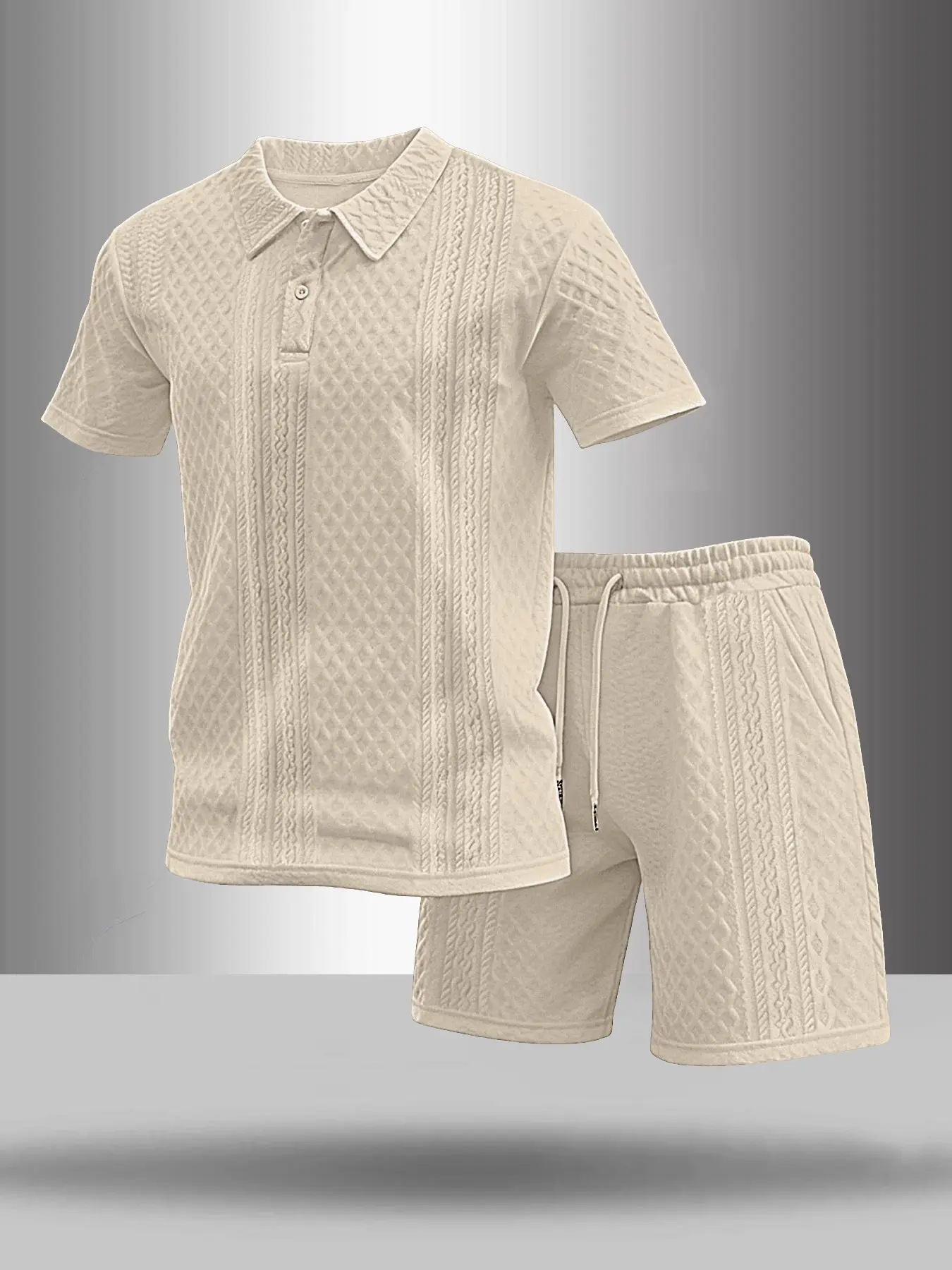 Men's Summer Fashion Textured Short Sleeve Polo Top Set, Simple Solid Color Outfit, Comfortable Drawstring Waist Shorts, Casual Wear