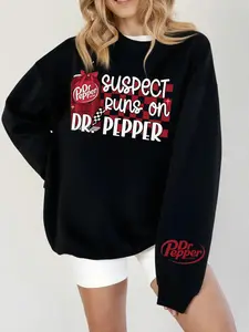 Women's Dr. Pepper Graphic Sweatshirt - "Suspect Runs on Dr. Pepper" with Checkered Flag, Vintage Retro Crewneck
